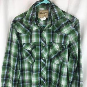 wrangler western shirt pearl snap plaid green